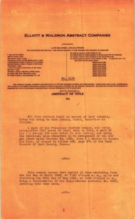 Typewritten 1933 Abstract of Title No. 5108 for land in Rusk County, Texas, on aged amber paper