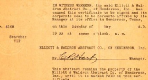 Signed and dated certificate from the 1933 abstract of title, Henderson, Texas